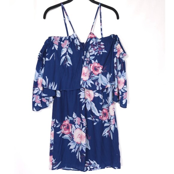 NWT Anthro YUMI KIM Size L Celine Mini Dress Women’s Blue Floral Cold Shoulder - Picture 4 of 11